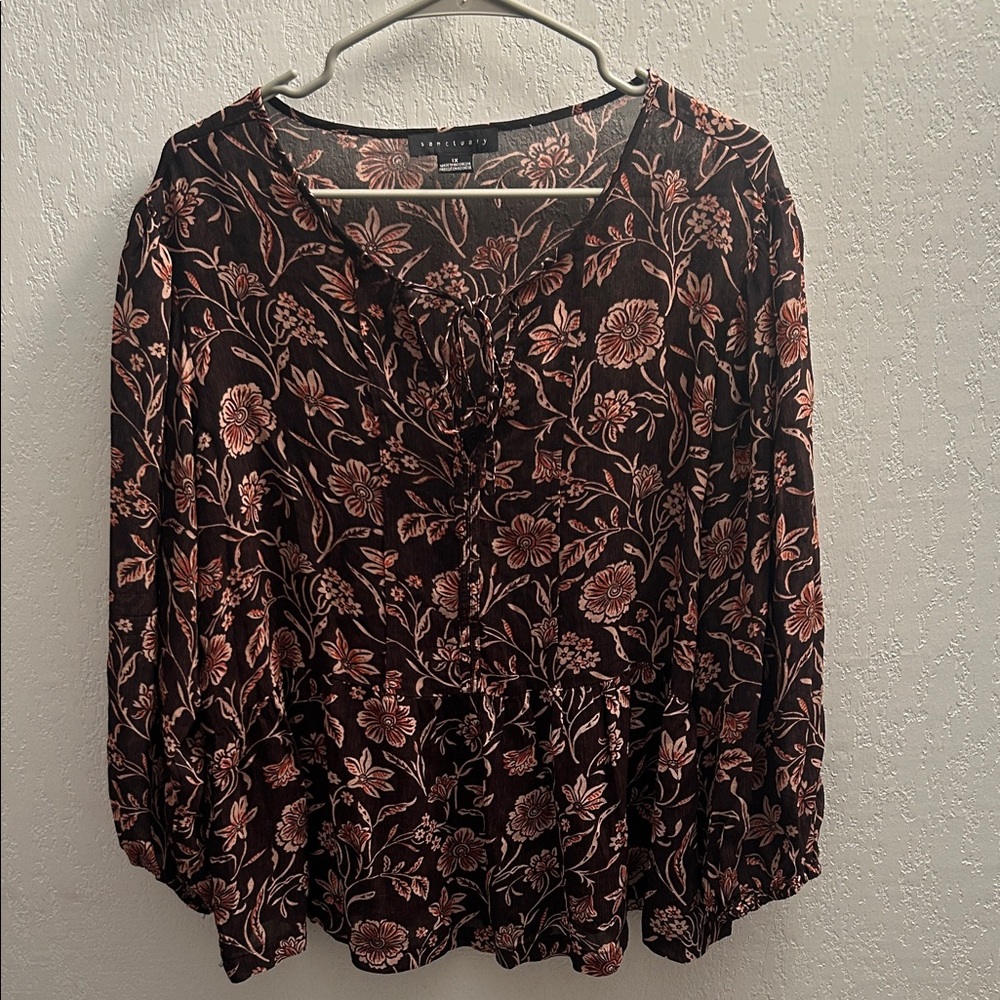 48. Sanctuary Black Blouse with Dusty Rose Floral Print